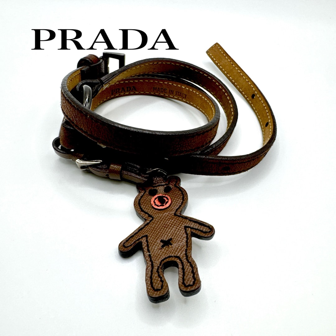 美品 PRADA プラダ クマチャーム 細身 レザー ベルト 80
