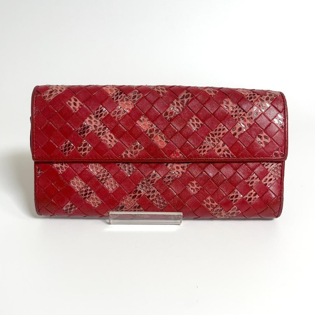 ボッテガベネタ Bottega Veneta イントレチャート レッド レザー パイソン 二つ折り財布