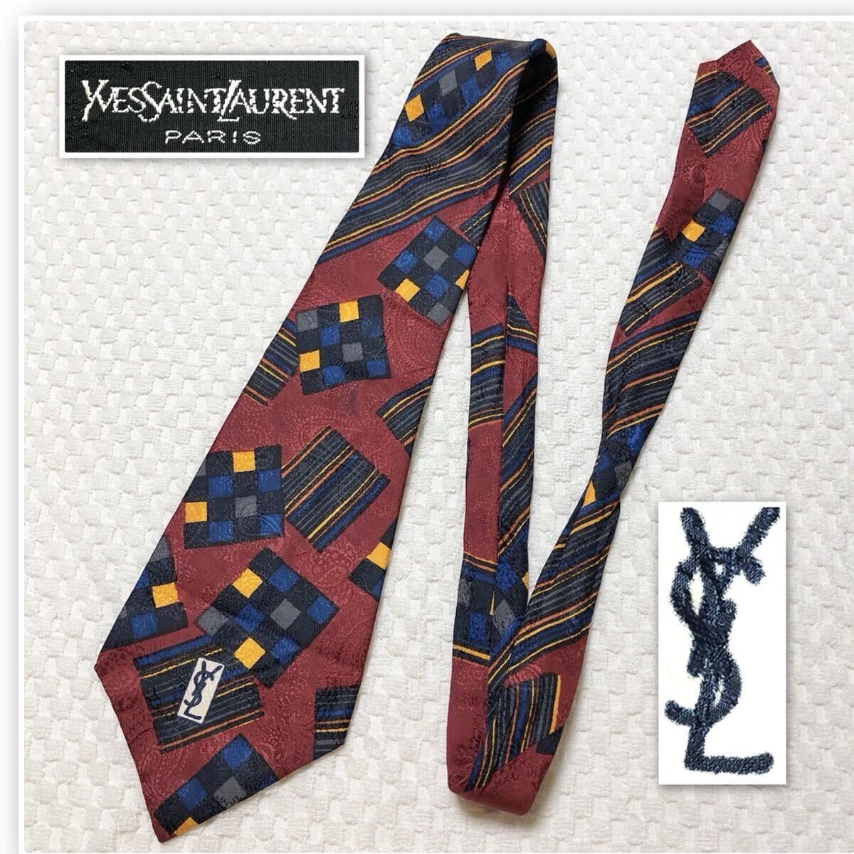 ■美品■稀少超幅広■Yves Saint Laurent イヴサンローラン　ネクタイ　スカーフ柄　スクエア　市松模様　YSL シャドーペイズリー　シルク