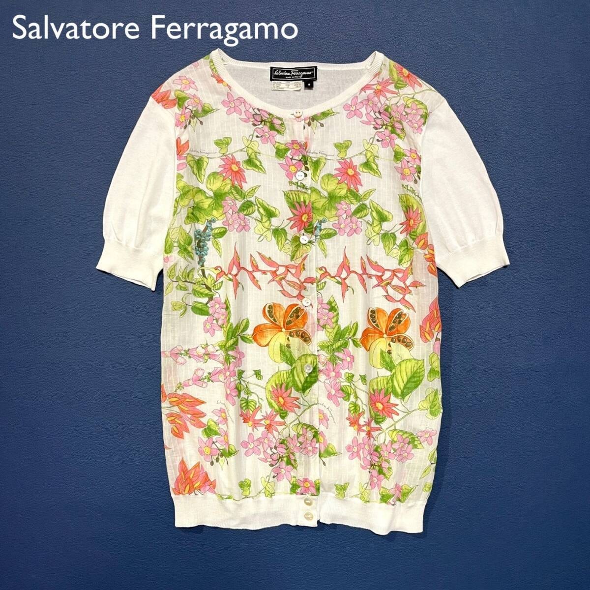 cE36 Salvatore Ferragamo 花柄シフォンドッキングカーディガン　半袖　ボタン　ブランドロゴ刻印　サルヴァトーレ　フェラガモ