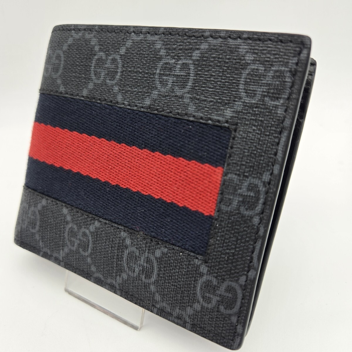 GUCCI グッチ 二つ折り財布 財布 GGスプリーム レザー シェリーライン ブラック 黒