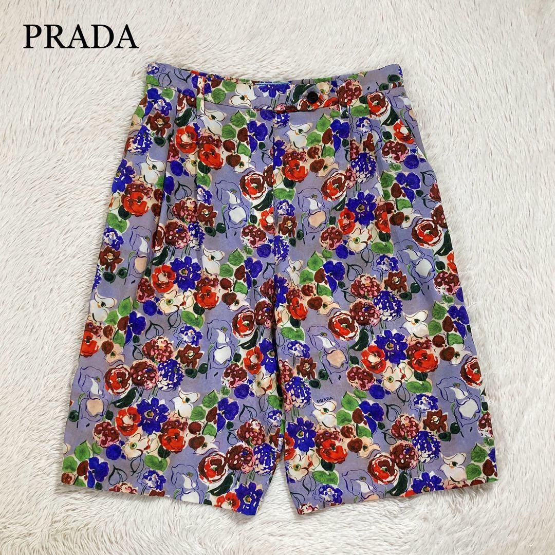 未使用に近い PRADA プラダ ワイド ショートパンツ 2タック シルク 花柄