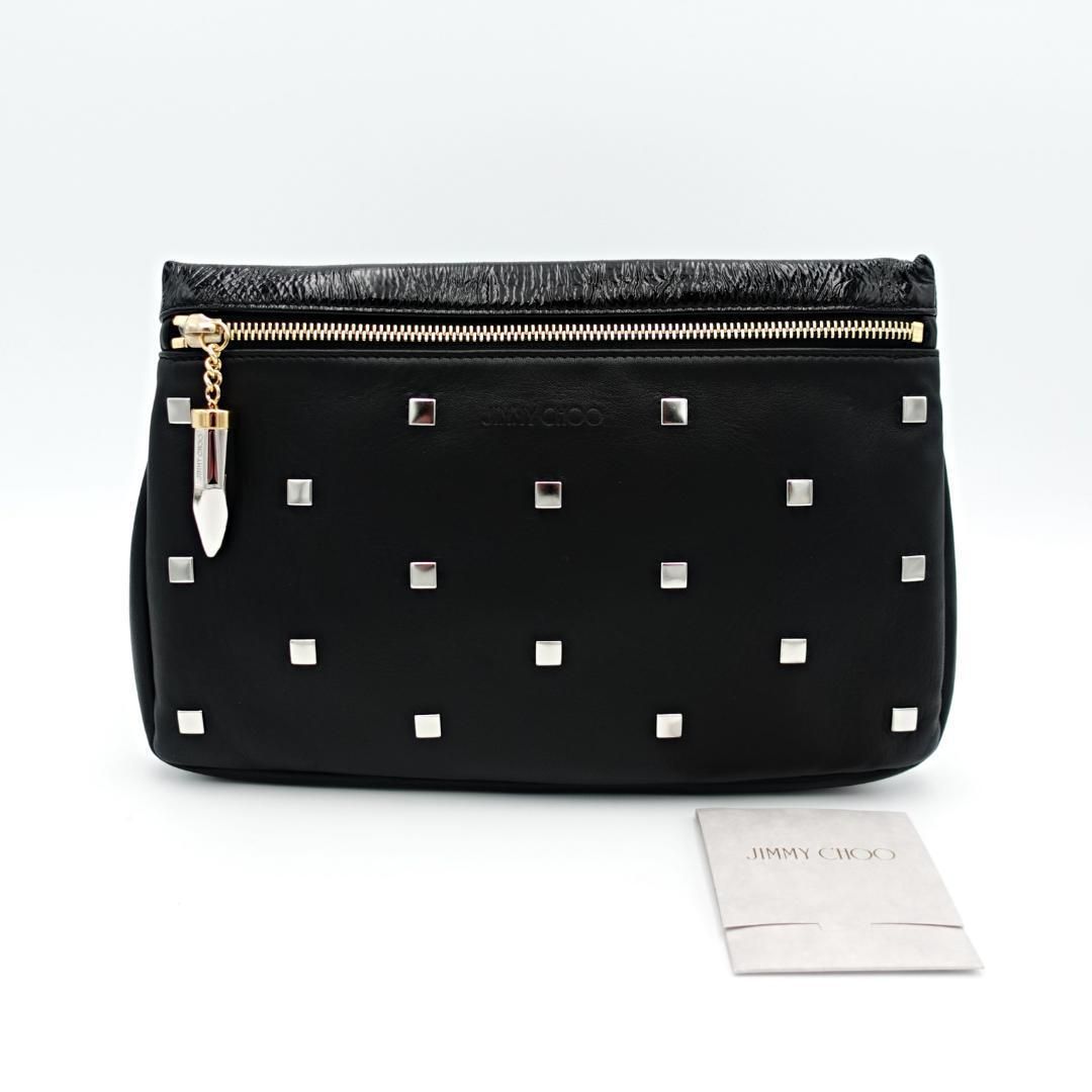 未使用 JIMMY CHOO ジミーチュウ スタッズ クラッチバッグ セカンドバッグ レディース スクエア パテントレザー ブラック