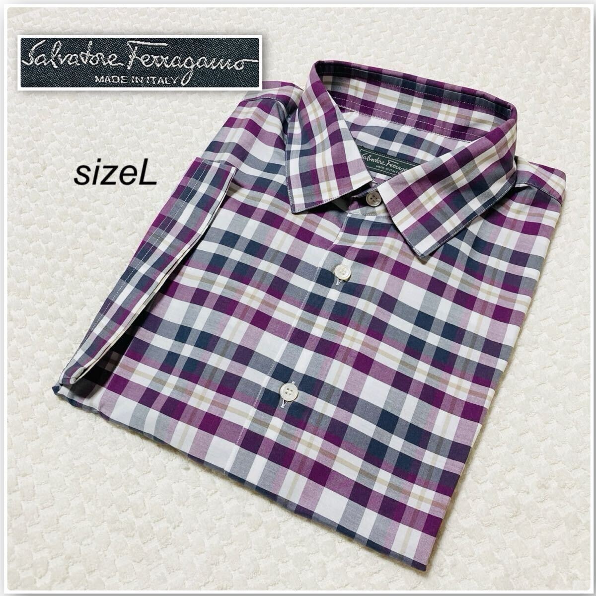 ■極美品■Salvatore Ferragamo サルヴァトーレフェラガモ　半袖チェックシャツ　sizeL(実寸XL) イタリア製　メンズ　パープル×グレー