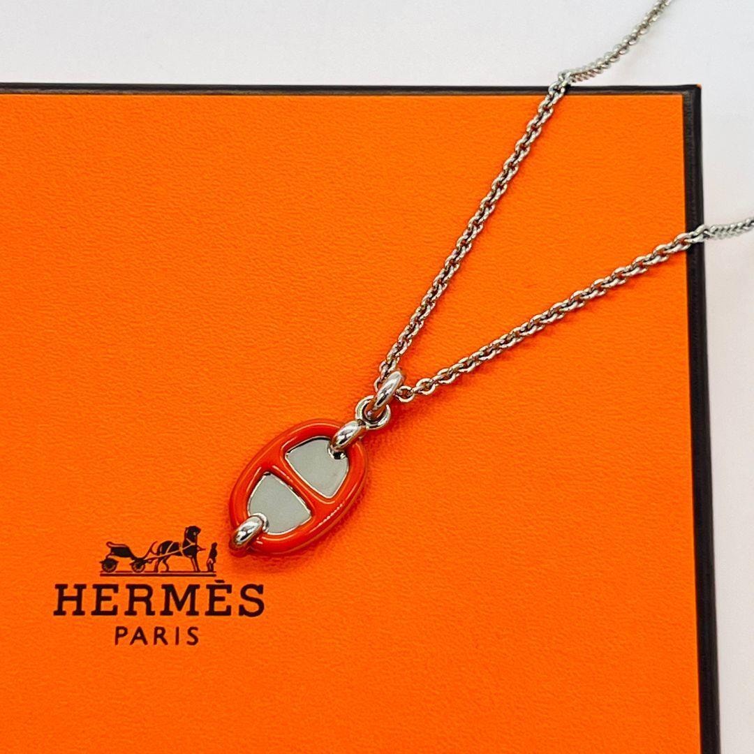 HERMES エルメス マイヨン　ミニ ネックレス オレンジ　シルバー メタル