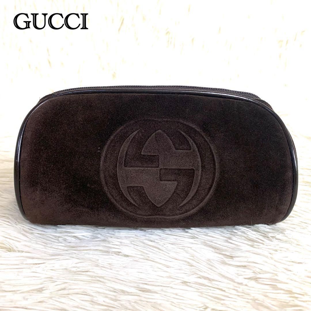 【美品】GUCCI グッチ ポーチ 小物入れ ペンケース メイク 化粧品 インターロッキング レザー スエード ダークブラウン 濃茶 シルバー金具