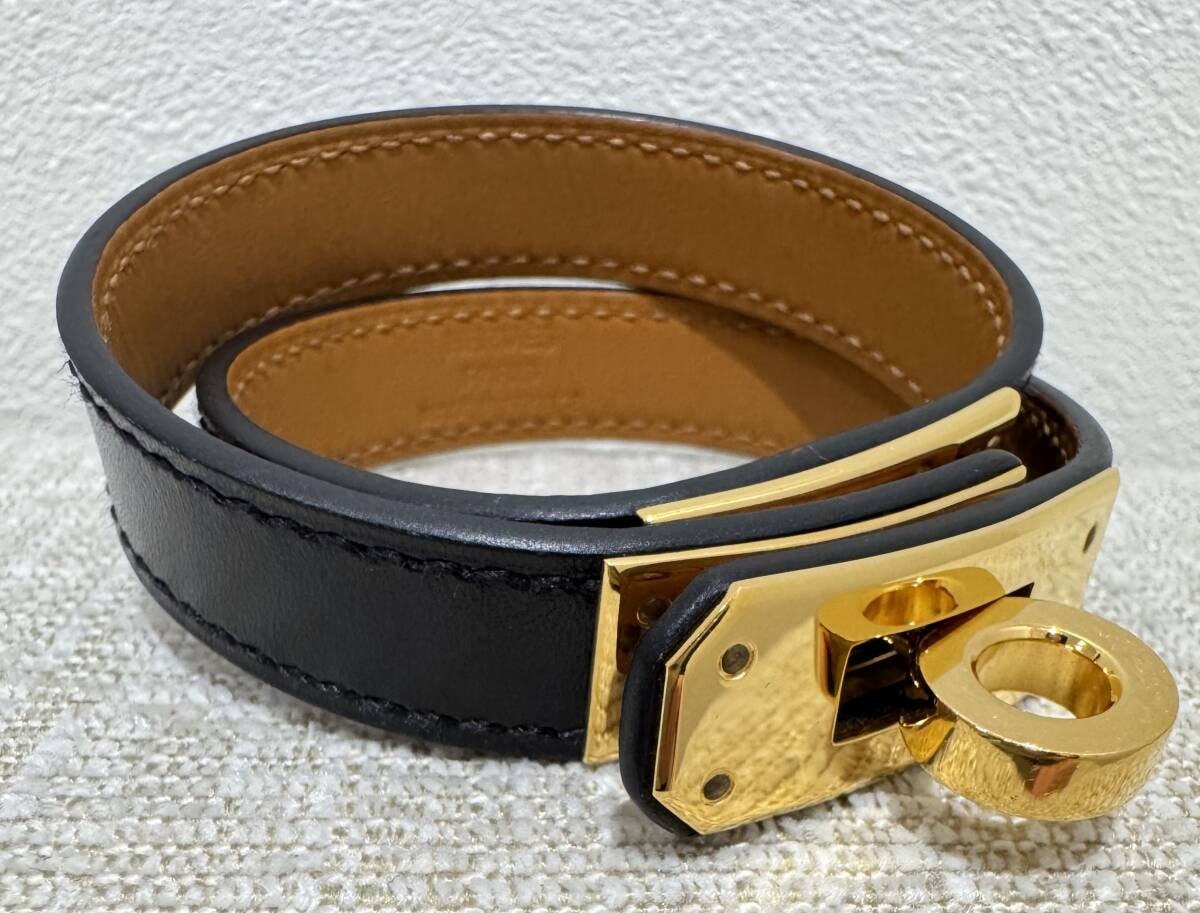 【美品】Herms エルメス ケリー ドゥーブルトゥール ブレスレット X刻印　2016年製 ブラック×ゴールド金具 2連巻き 