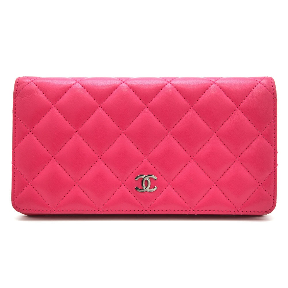 中古良品 CHANEL シャネル 二つ折り財布 マトラッセ ココマーク ラムスキン ウォレット A31509 ピンク シルバー金具 スペイン製 coco