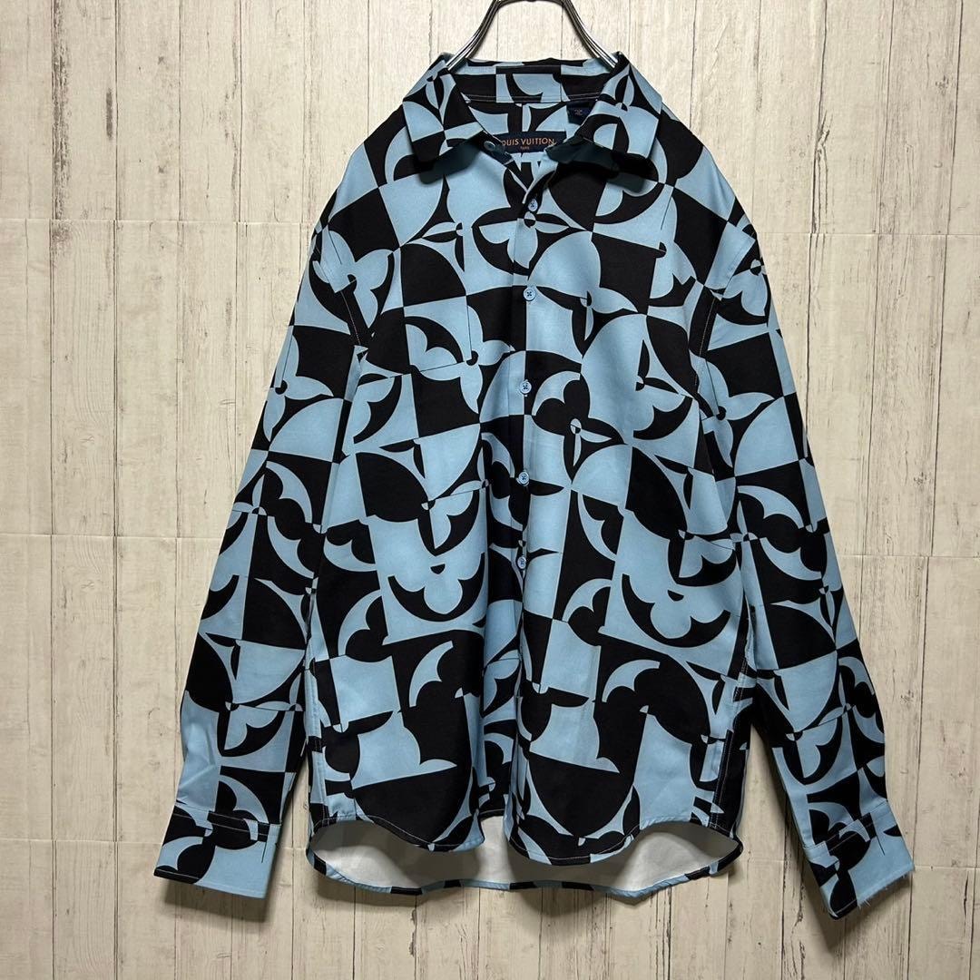 【未使用級】22SS LOUIS VUITTON ルイヴィトン 現行 モノグラフ フラワー 長袖シャツ ブルー　青色　トップス L メンズ