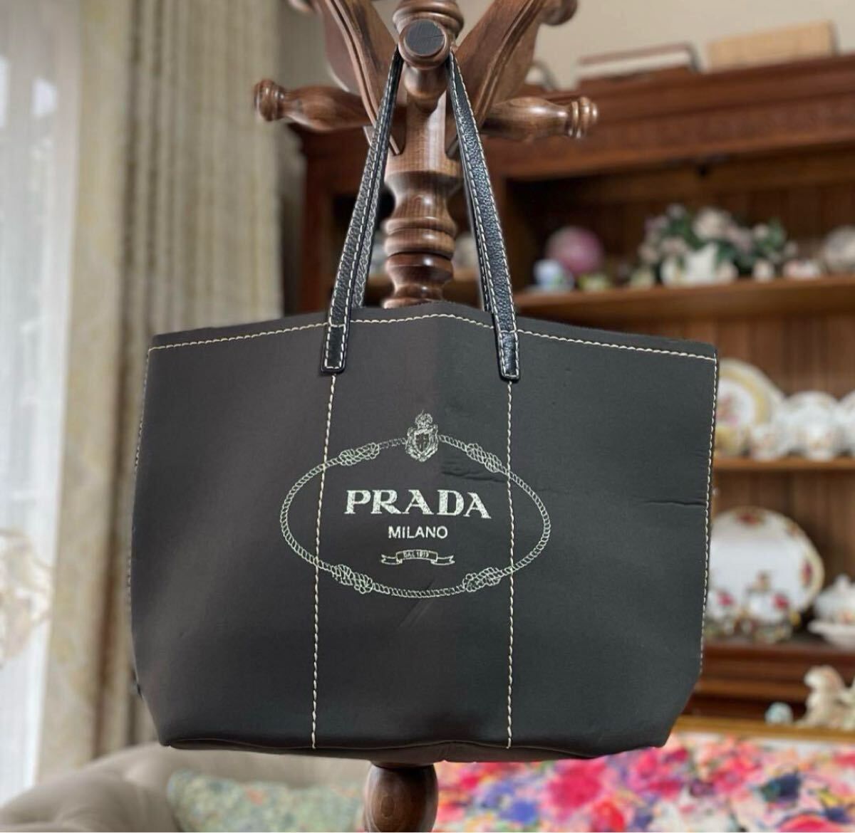 PRADA プラダ ロゴ プレート トート ハンド バッグ チャコール ベージュ