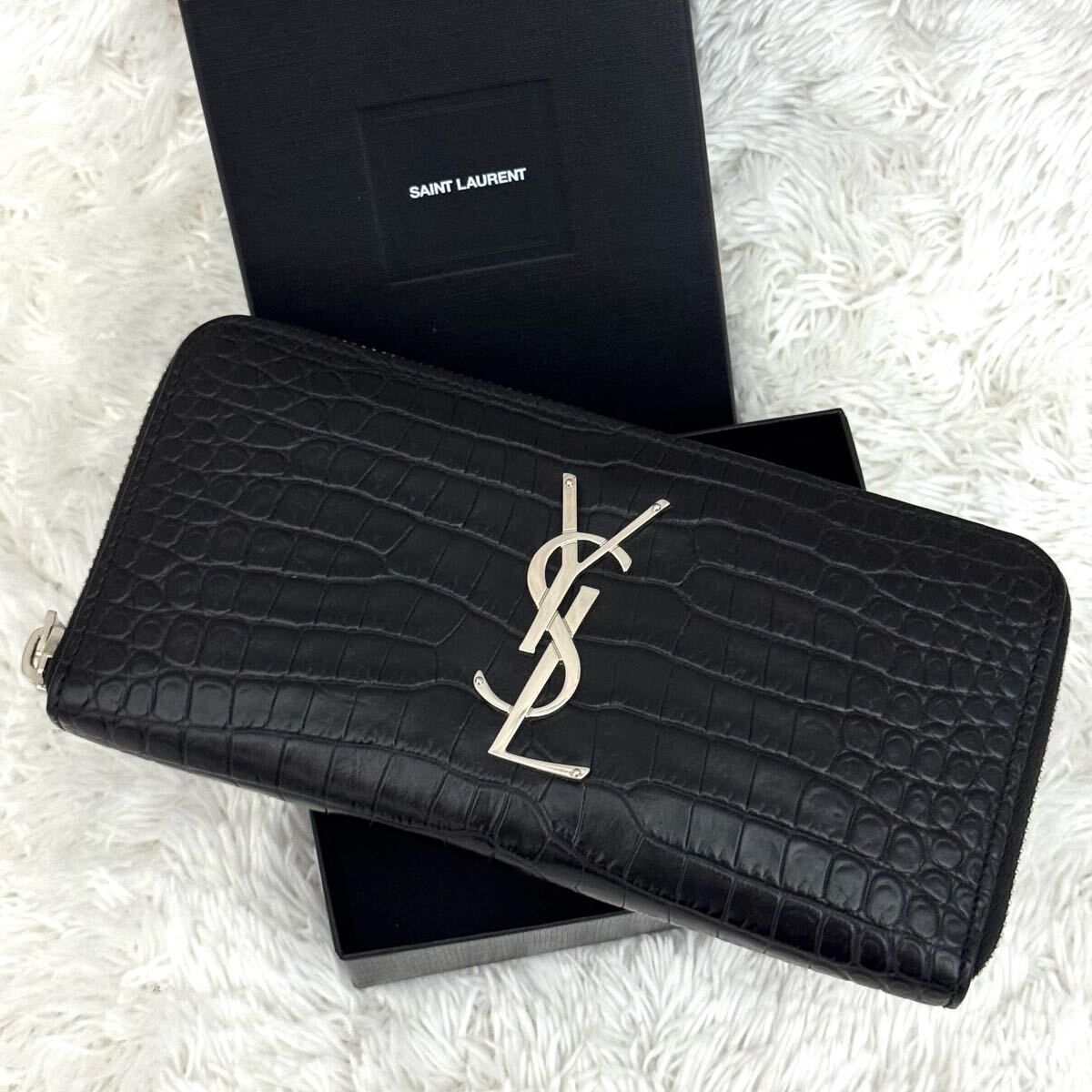 ☆極上美品☆SAINT LAURENT サンローラン カサンドラ 財布 クロコ ラウンドファスナー ブラック レザー