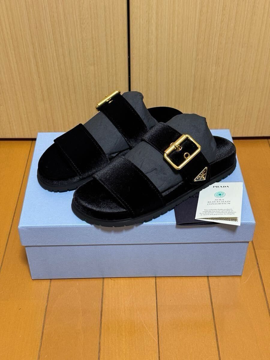 PRADA ベルベット スライドサンダル 35.5 新品未使用 国内正規品 プラダ シューズ 23cm前後 ブラック 黒