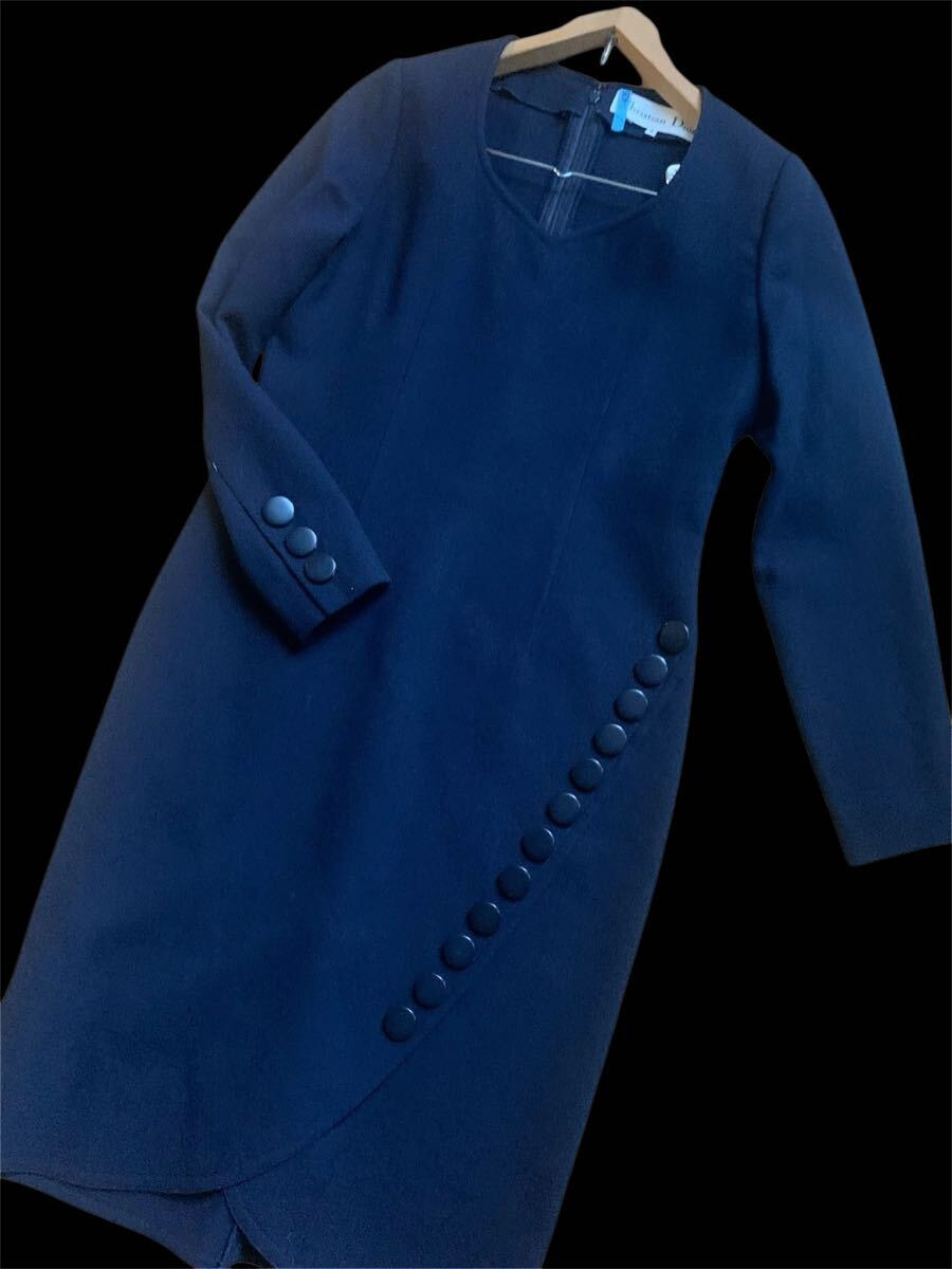 【クリスチャンディオールChristian Dior】クリーニング済み ネイビー ニットワンピース 長袖 装飾ボタン スタイリッシュ 極上ウール 9号 M