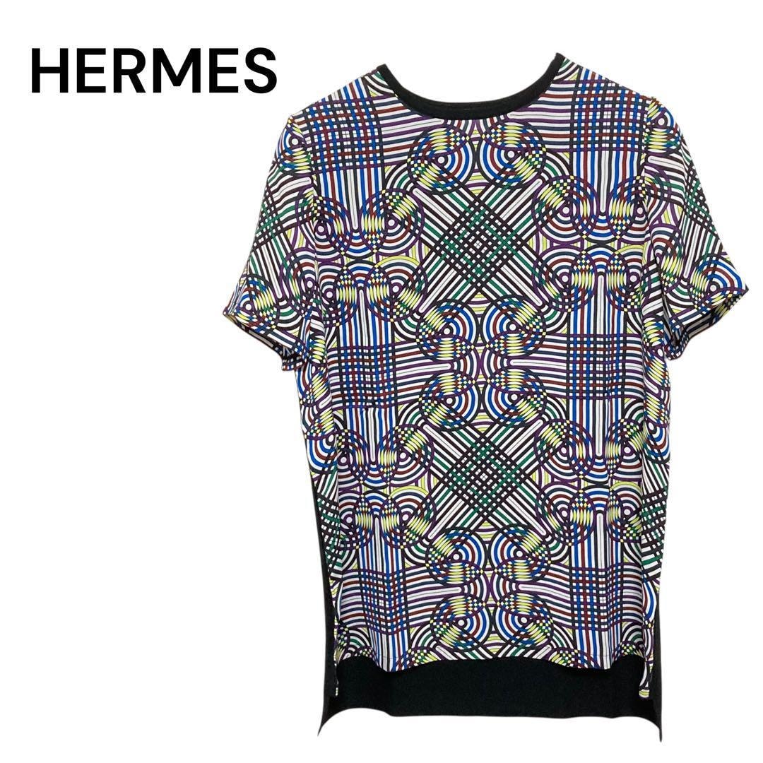 HERMES エルメス 幾何学模様 プリント シルク×ウール 半袖トップス 38 HERMES エルメス 幾何学模様 プリント シルク×ウール 半袖