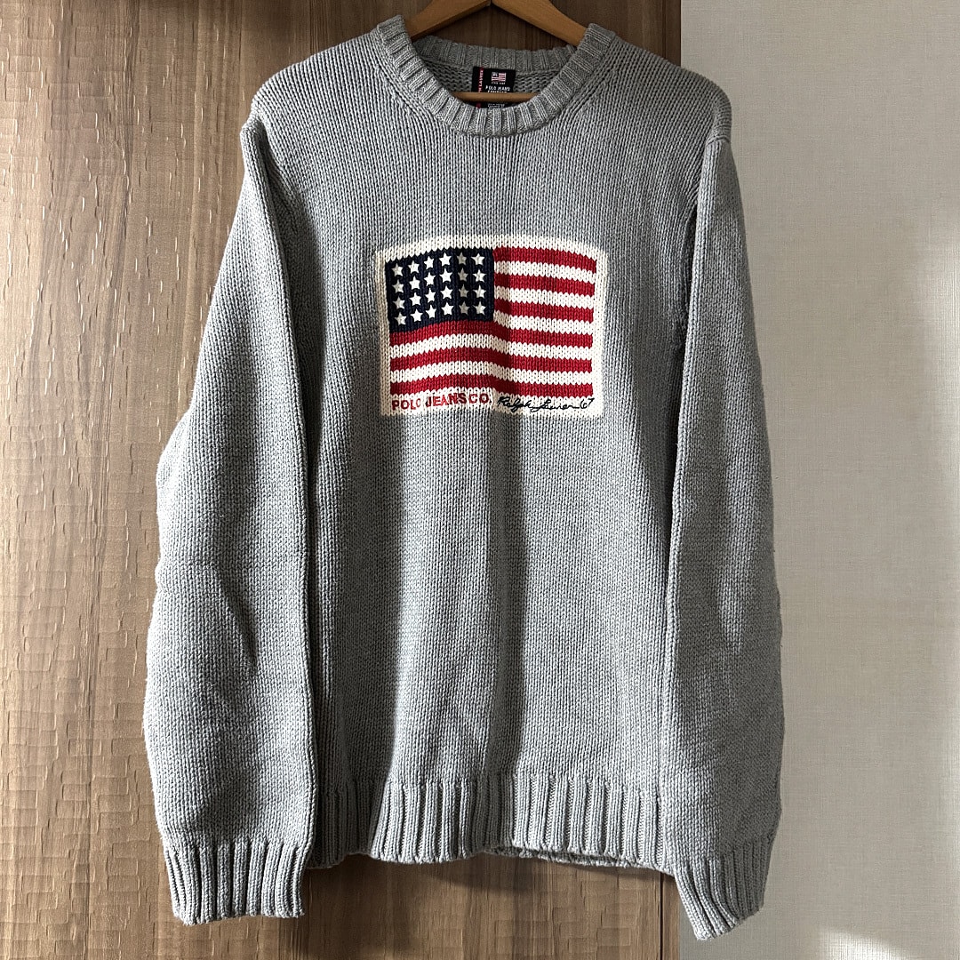 【古着】Polo Jeans ポロラルフローレン 星条旗ニットセーター グレーL