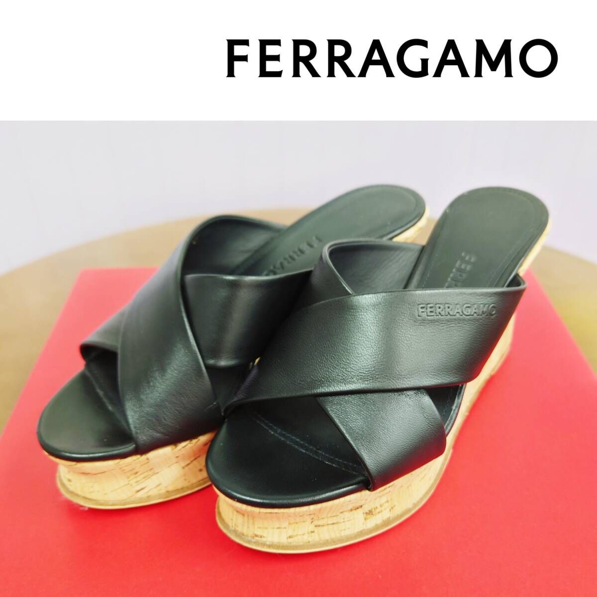 超美品 Ferragamo ウェッジソール サンダル ミュール 5D 22.5cm 黒 レザー 本革 フェラガモ