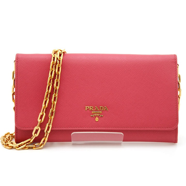 中古 美品 PRADA プラダ 長財布 SAFFIANO サフィアーノ レザー チェーンストラップ ロングウォレット 1M1440 ペオニア ピンク ゴールド金具