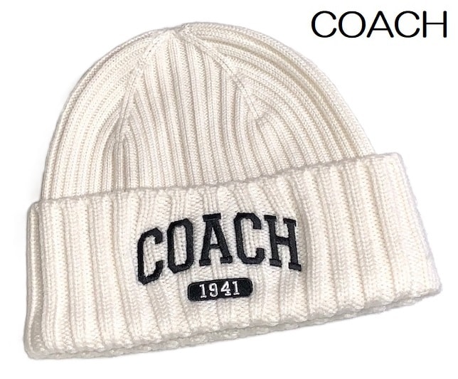 特価！ 人気 可愛い COACH コーチ 1941 刺繍 ニット帽 ビーニー 男女兼用 CU806 チョーク 新品本物