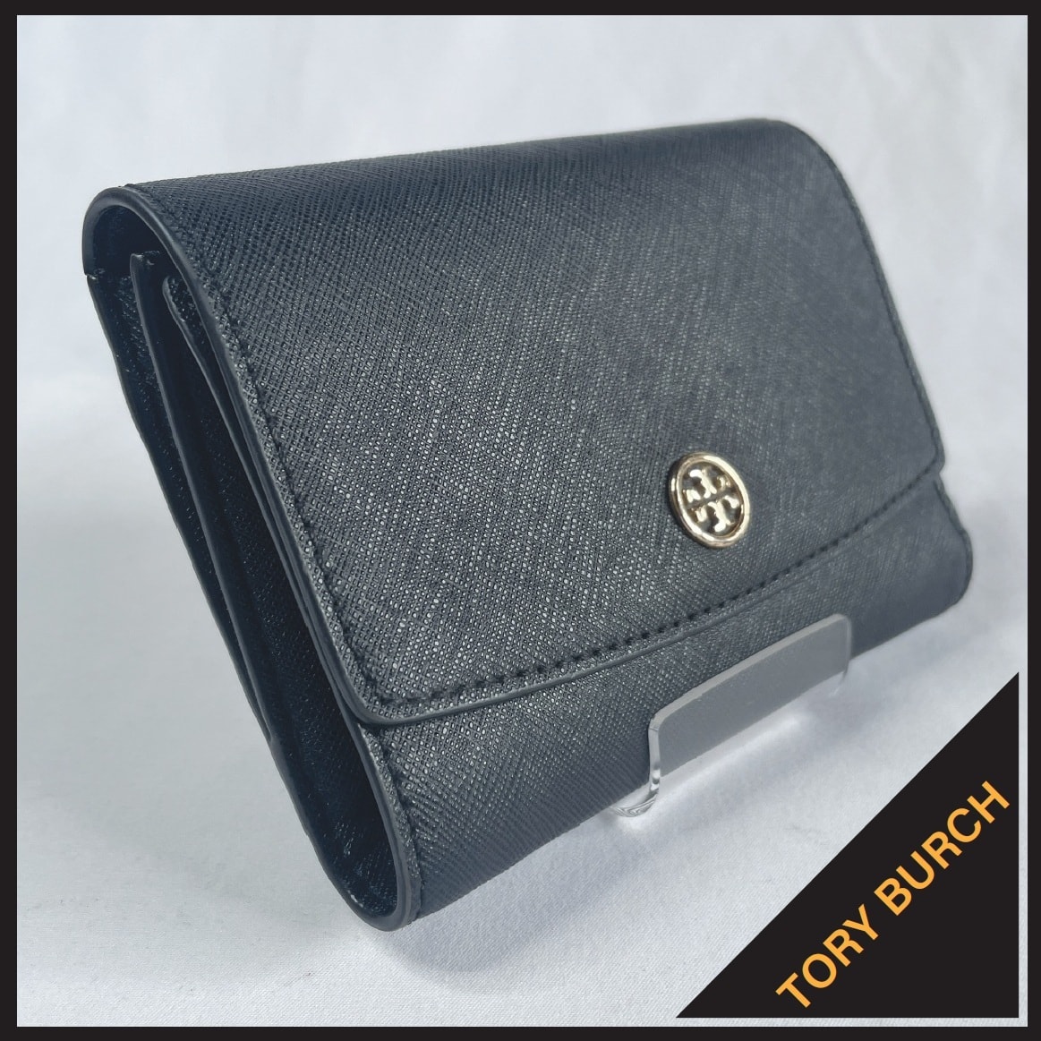 TORY BURCH トリーバーチ 三つ折り 財布 ミニウォレット サフィアーノ調 レザー 黒 ブラック 極美品 レディース コンパクト