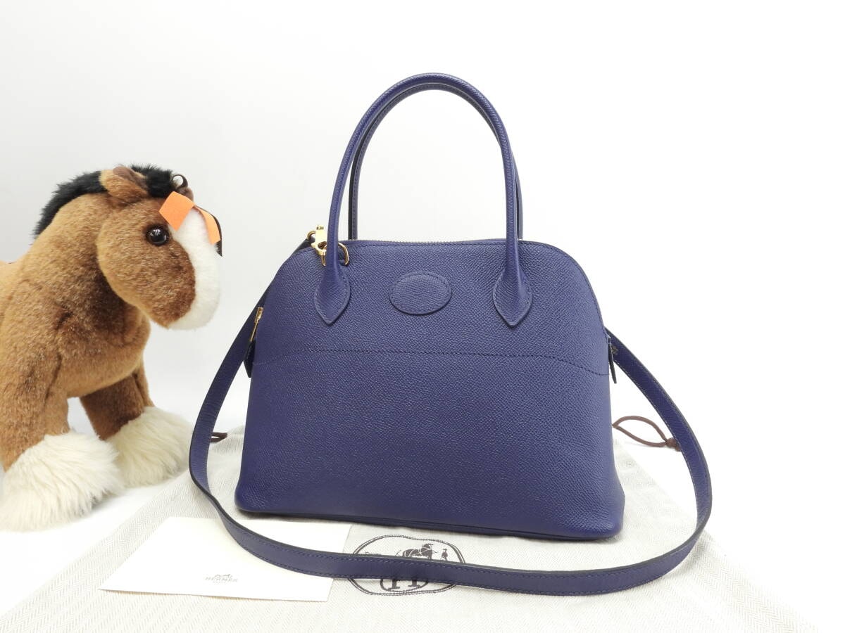 エルメス ボリード27 エプソン ブルーアンクル ゴールド金具 s付ミニハンドバッグ 美品@D 16