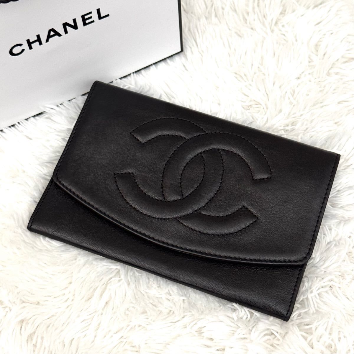 ☆極美品☆CHANEL シャネル 二つ折り ラムスキン 財布 ブラック 黒 ゴールド金具 レザー