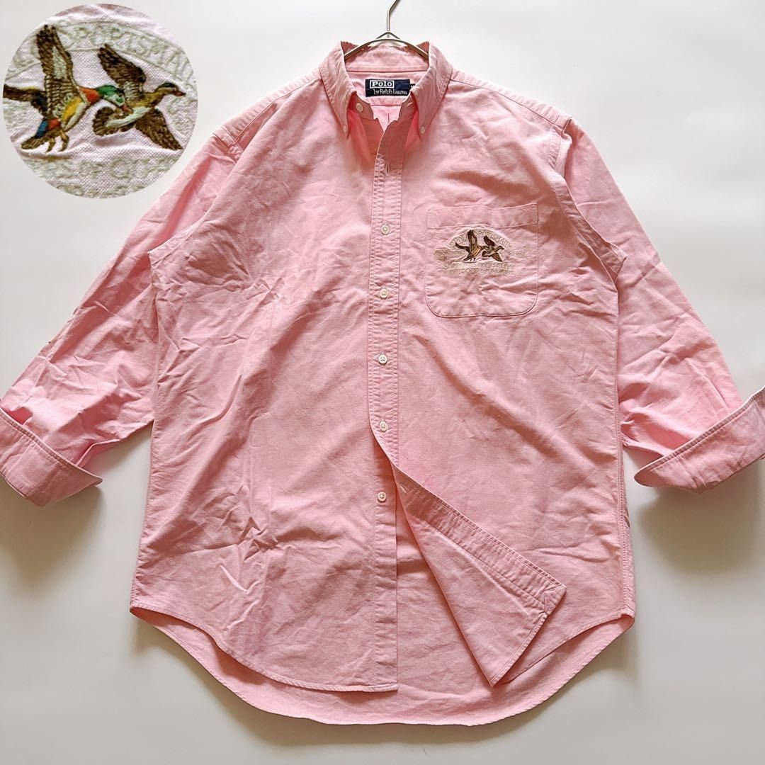 激レア POLO by Ralph Lauren ポロラルフローレン 長袖シャツ 鳥 鴨 POLO SPORTSMAN スポーツマン OUTDOOR APPAREL 刺繍 ピンク M L