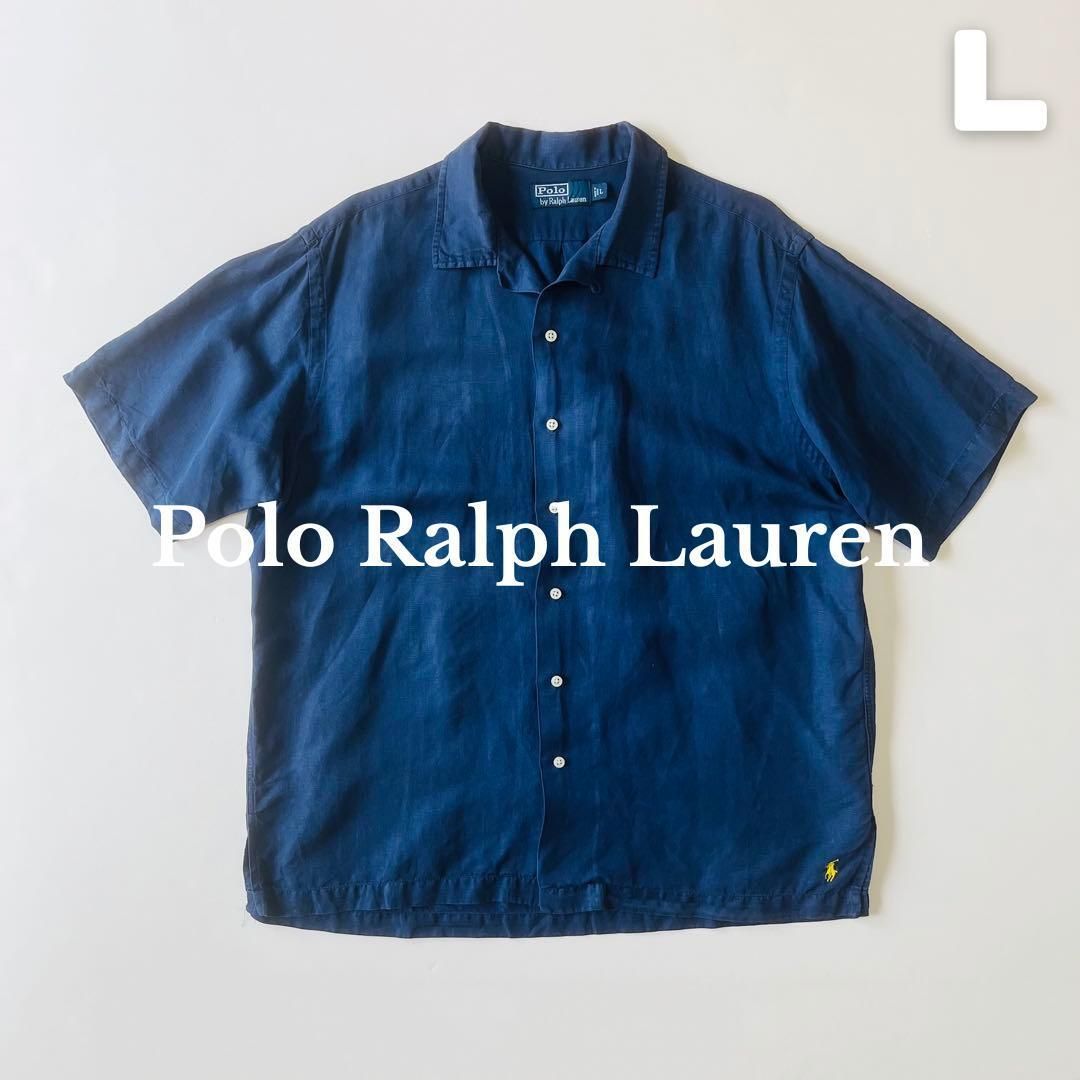 POLO RALPH LAUREN オープンカラーシャツ L ネイビー ポロラルフローレン キャンプシャツ Caldwell シルクリネン