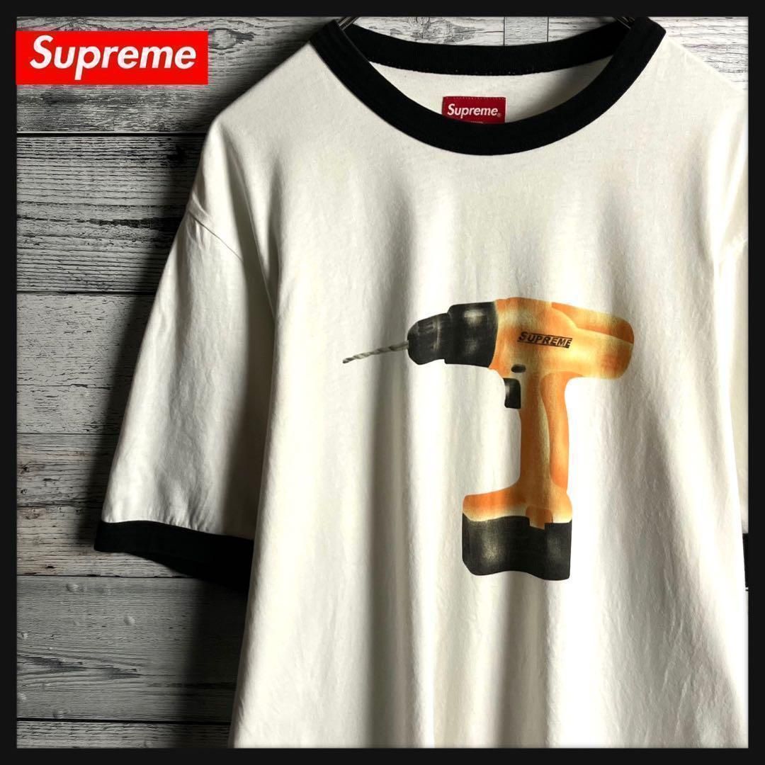 【希少デザイン】シュプリーム☆センターロゴ入りリンガー半袖Tシャツ 電動ドリル