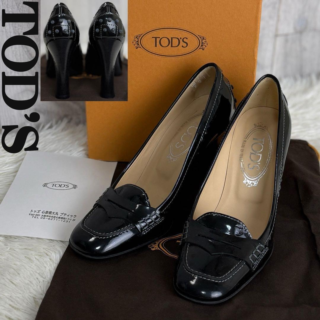 TOD'S トッズ ブランドロゴ ゴンミーニ ローファー ヒール 35 22cm ブラック エナメル