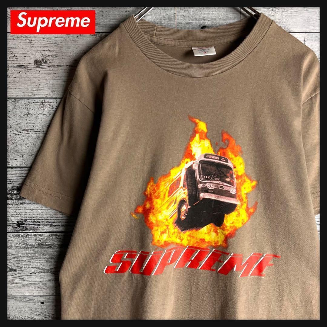 【希少デザイン】シュプリーム☆ビッグプリントロゴ入り Tシャツ　ファイヤー バス