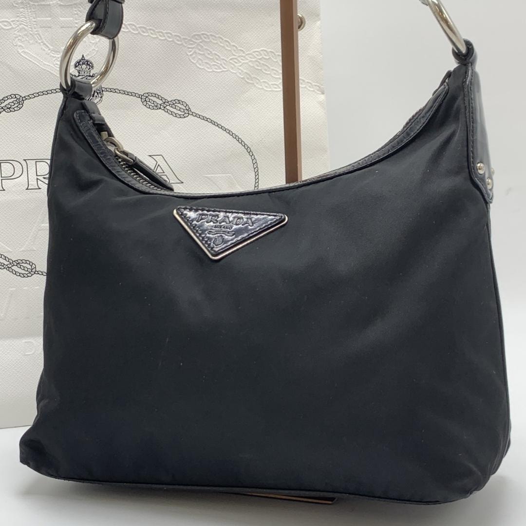 PRADA プラダ トート ハンドバッグ ワンショルダー 肩掛け ホーボー ハーフムーン テスートナイロン レザー ブラック 黒 デカ でか ロゴ