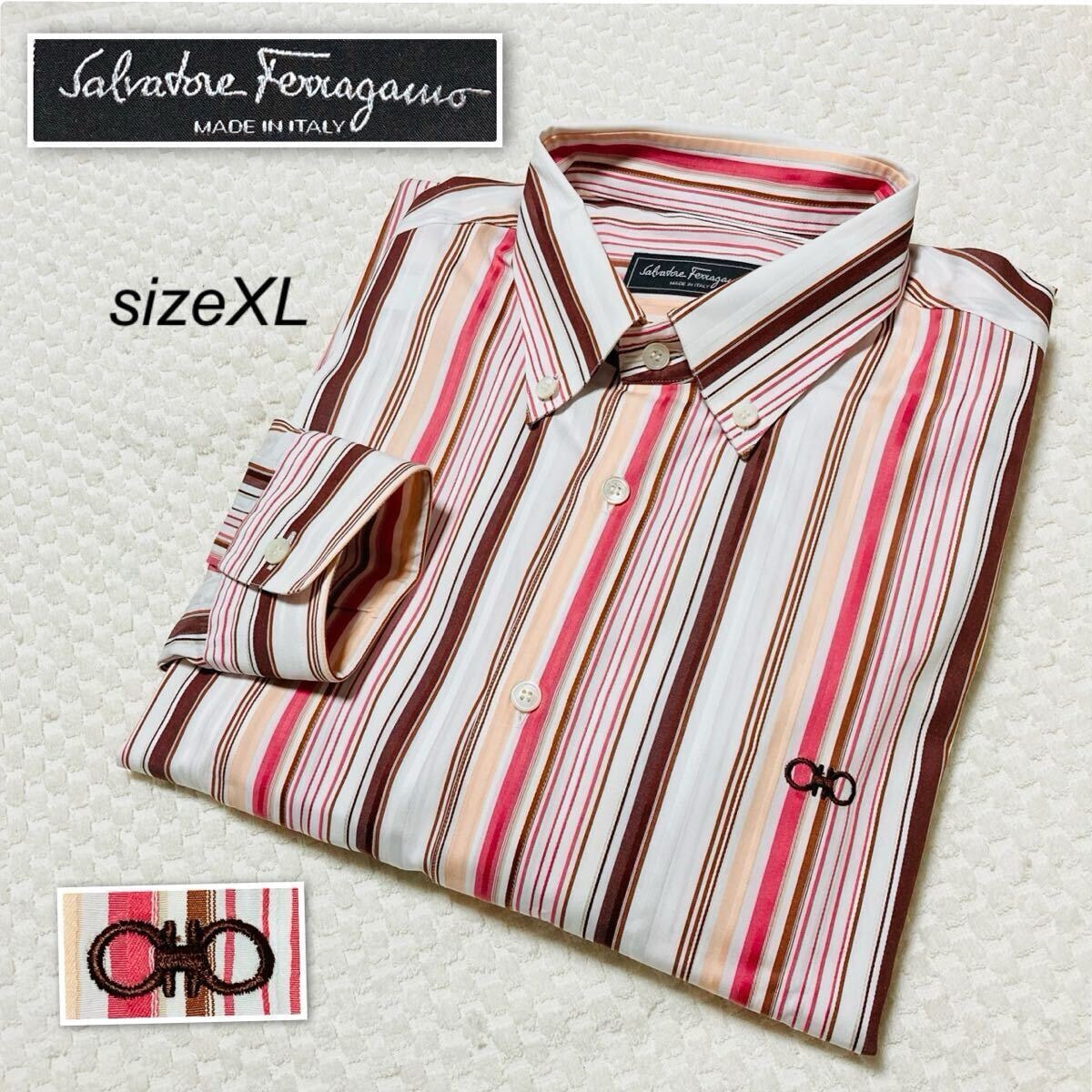 ■極美品■Salvatore Ferragamo サルヴァトーレフェラガモ ダブルガンチーニ ボタンダウンシャツ 長袖 ストライプ sizeXL 伊製 メンズ