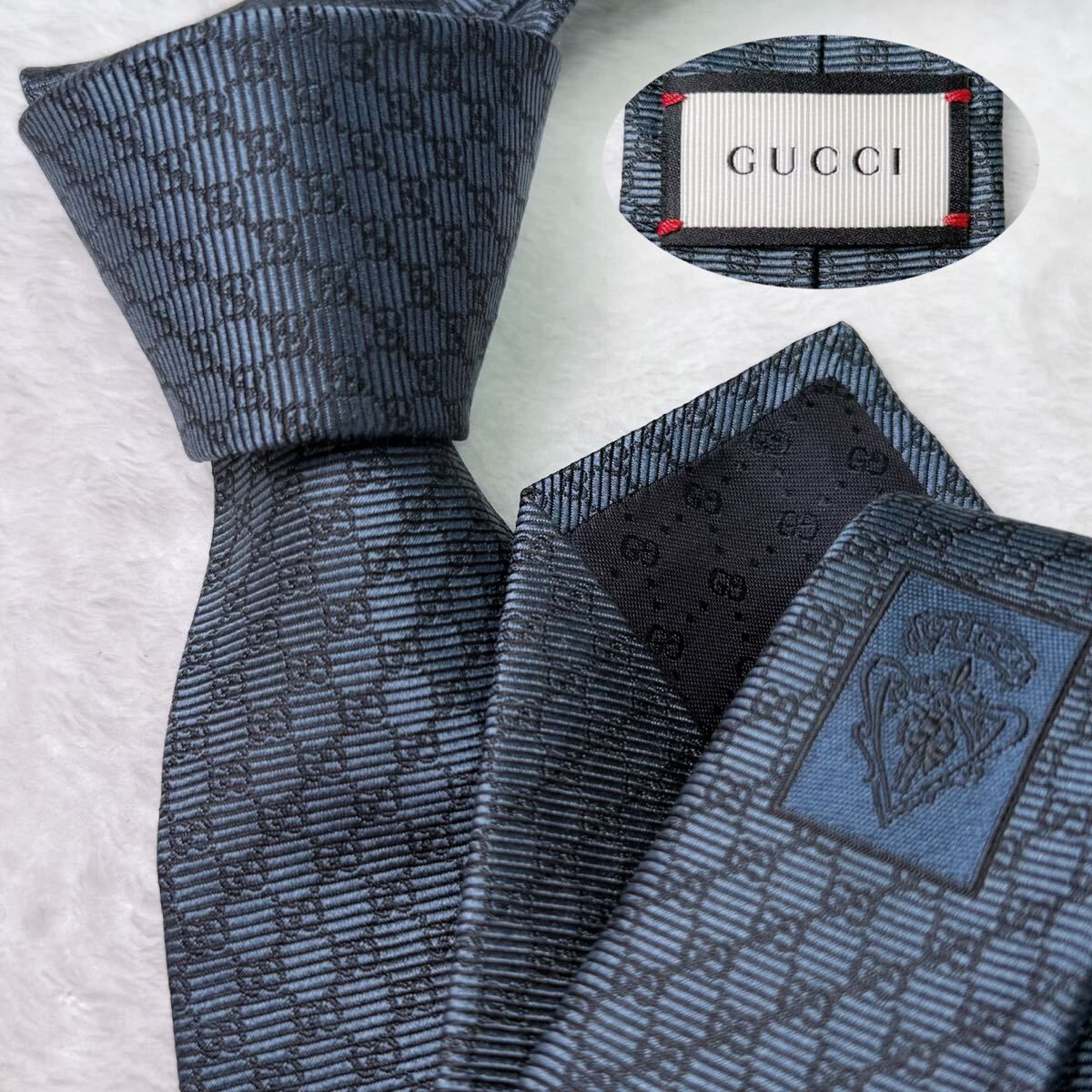 【新品同様・現行タグ】GUCCI グッチ マイクロGG ネクタイ ナロータイ スリムタイ ブルー 剣先7cm