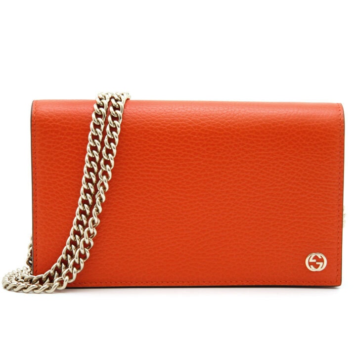 中古 ほぼ未使用 GUCCI グッチ 長財布 インターロッキングG チェーンウォレット 466506 オレンジ レディース イタリア製 ゴールド金具 財布