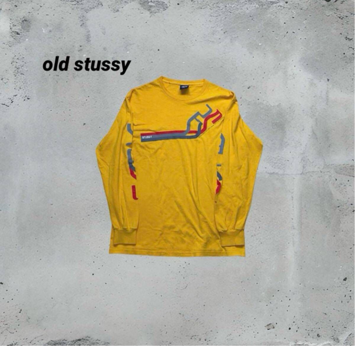 90s OLD STUSSY ステューシー　長袖Tシャツ イエロー Mサイズ　紺タグ USA製　ヴィンテージTシャツ　stussy ストリート　