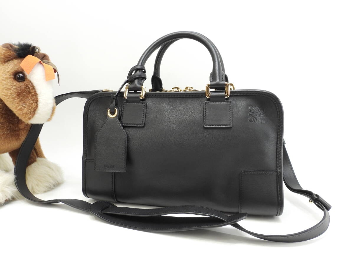 ロエベ アマソナ28 ストラップ付 スムースレザー黒 ハンドバッグ ゴールド金具 極美品@471702