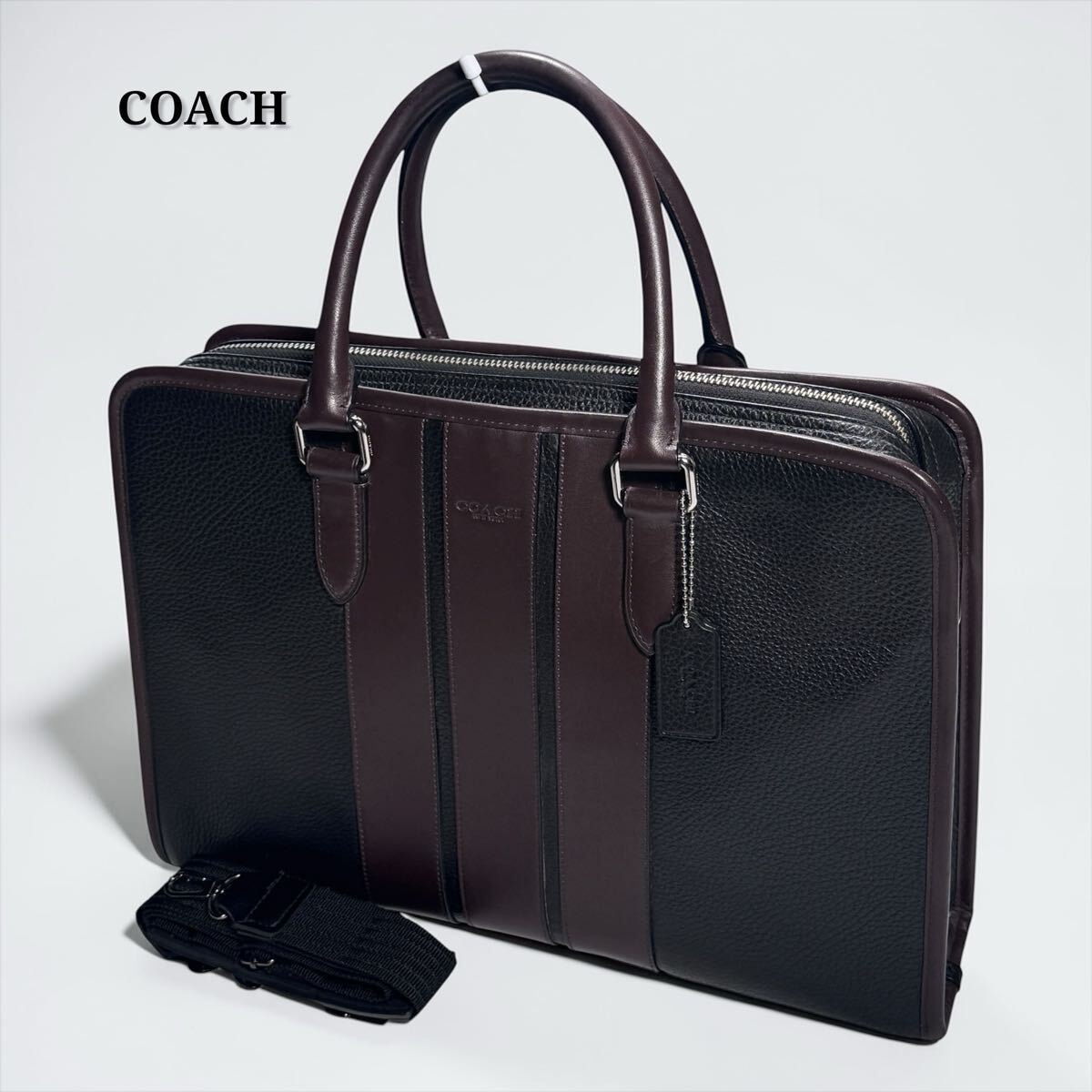 COACH コーチ ボンド ビジネスバッグ ブリーフケース 2way レザー ショルダーバッグ ブラック 72308 Bond Brief ペブルドレザー シボ 美品 