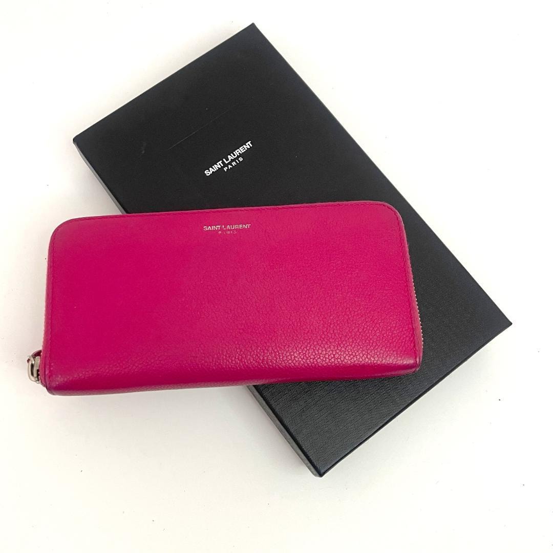 YVES SAINT LAURENT イヴ・サンローラン ピンク レザー ラウンドジップ 長財布