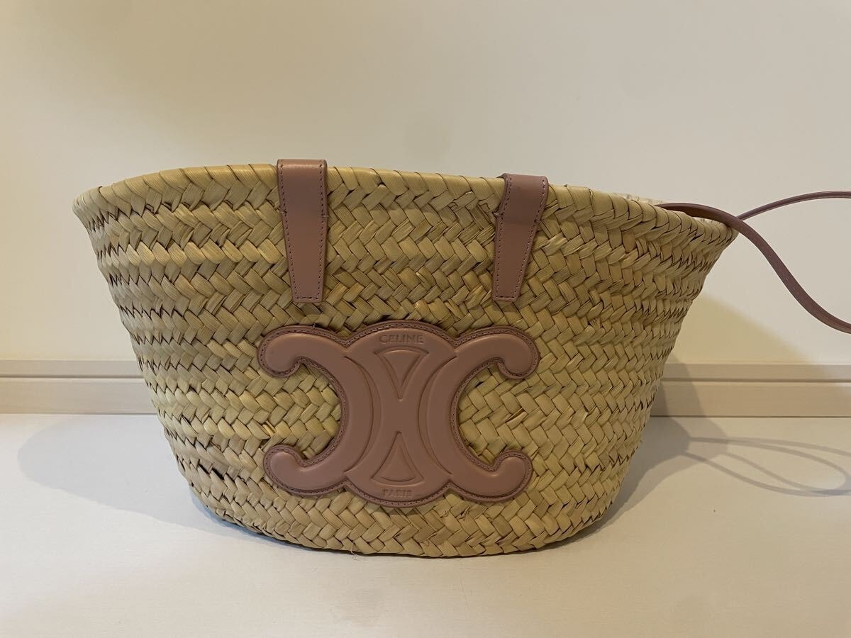 セリーヌ　ティーン CELINE クラシック パニエ /ラフィア ＆ カーフスキン　カゴバッグ　トリオンフ　かごバッグ　ピンク　ハンドバッグ　