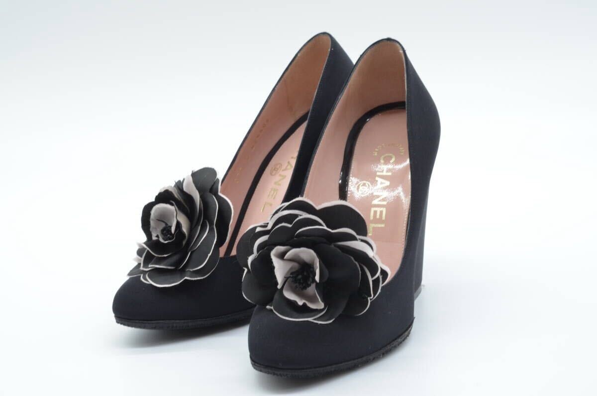 【美品】CHANEL/シャネル カメリア サテン チャンキーヒール パンプス