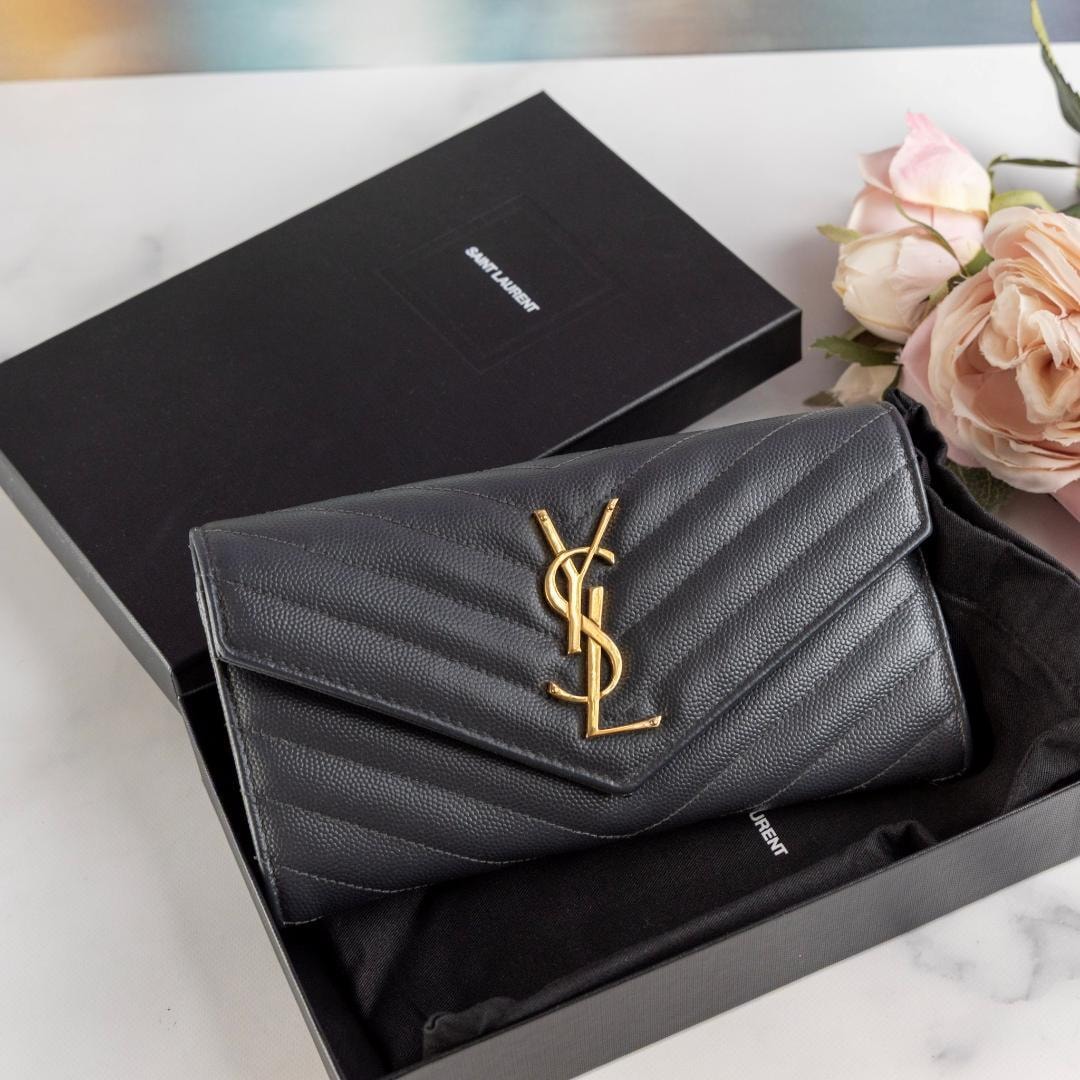 SAINT LAURENT サンローラン キャビアスキン フラップ 長財布 グレー 財布 ゴールド金具