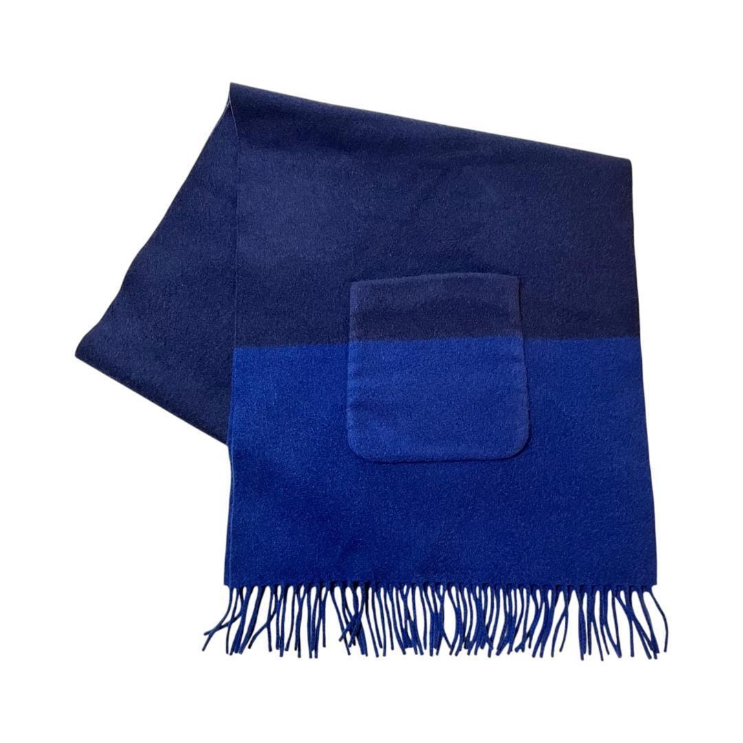 美品☆HERMES エルメス アリュメットカシミヤ大判 ショール マフラー バイカラー 青系