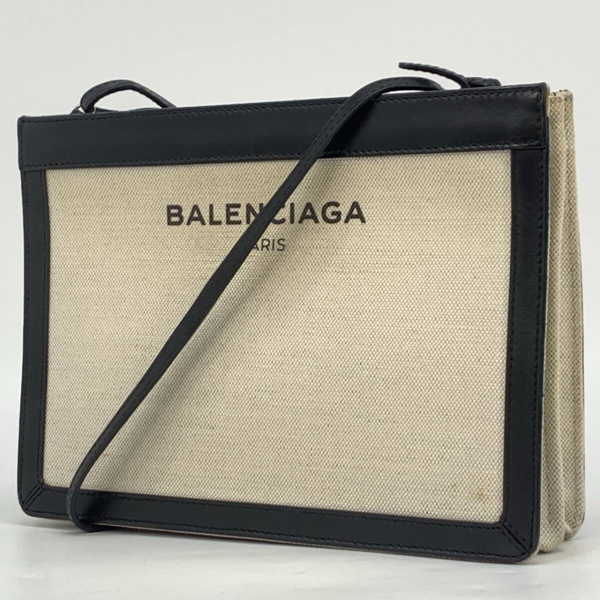 美品 BALENCIAGA バレンシアガ ネイビーポシェット ショルダー クラッチバッグ ロゴ キャンバス レザー 本革 ナチュラル ブラック 黒 2WAY