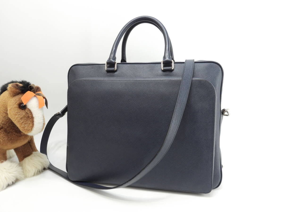 プラダ s付ブリーフケース サフィアーノ 紺 書類カバン ドキュメントケース 美品@7/R164