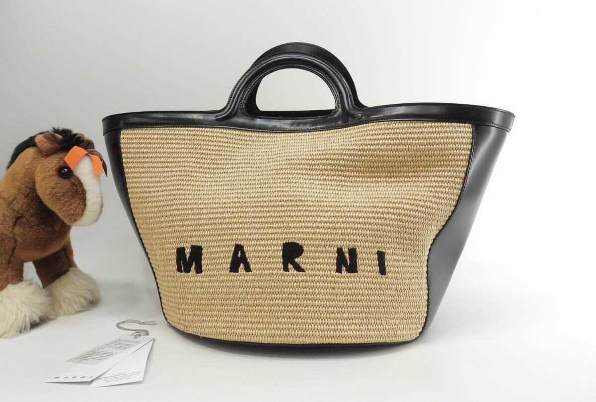 マルニ カゴバッグ大 トロピカリア ストロー/レザー黒 ハンドバッグ大 美品@ 1