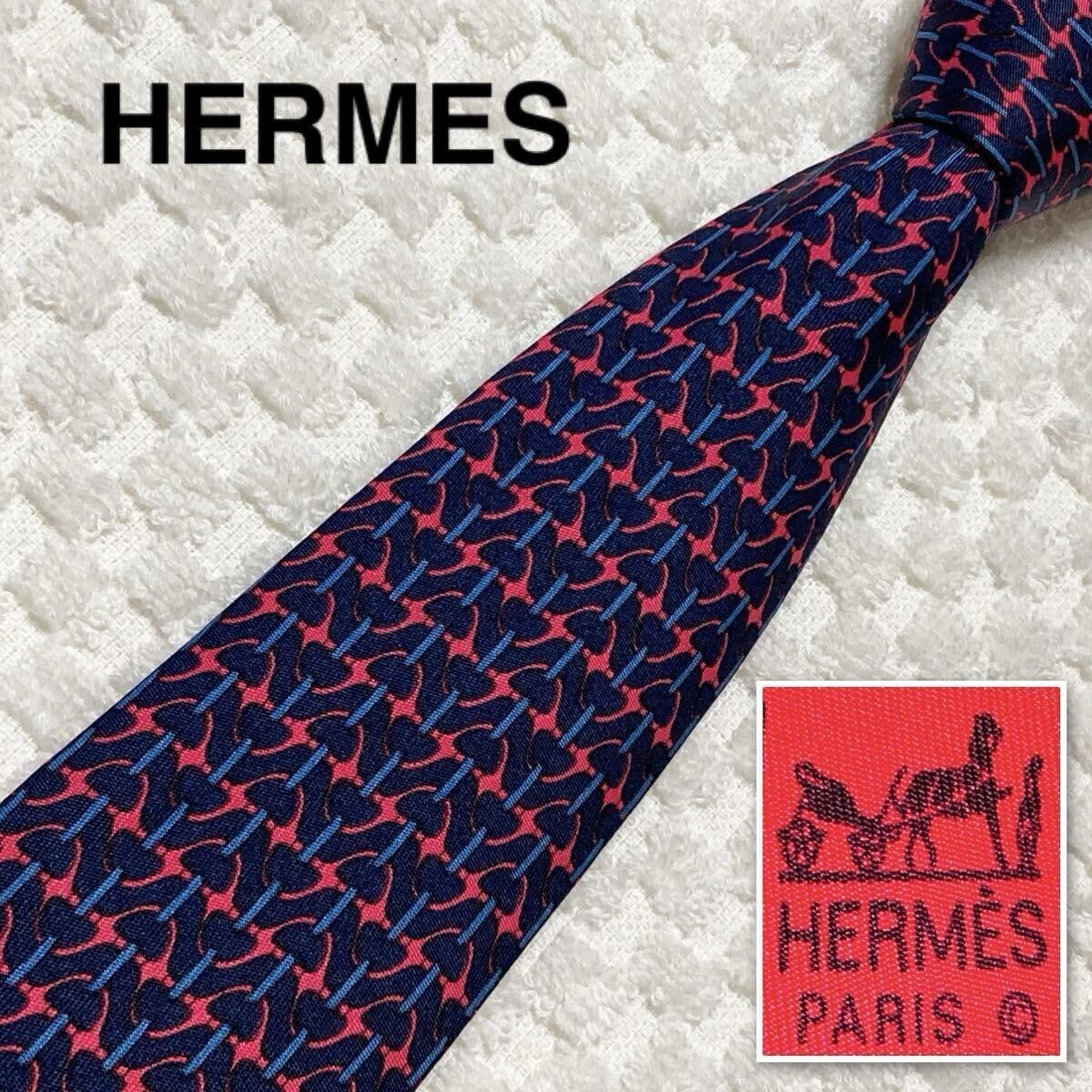 ■良品■HERMES エルメス　ネクタイ　金具　総柄　シルク100% フランス製　7006TA ネイビー　ビジネス