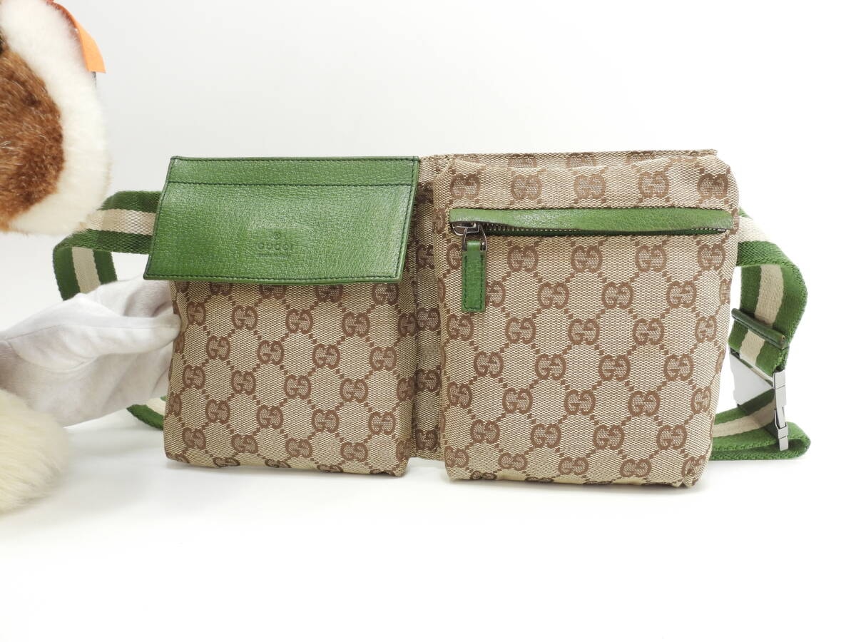 グッチ ベルトバッグ GGシュプリーム コットン茶革緑 ボディバッグ ウエストバッグ 美品@ 12