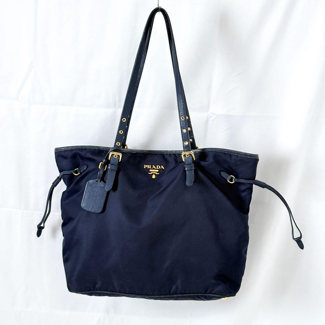 美品PRADAナイロン×レザートートバッグダークネイビー ゴールド金具A4収納可