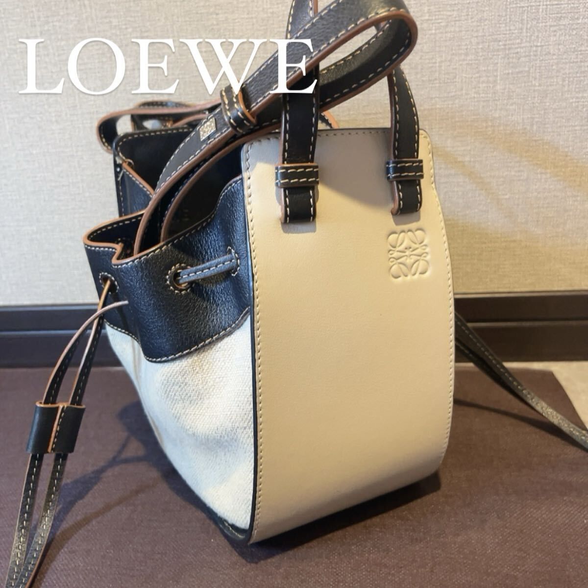 《極美品》 LOEWE ロエベ ハンモックミニ 2WAY ホワイト ブラック 白 黒 キャンバス カーフ ショルダーバッグ ハンドバッグ ブランドバッグ
