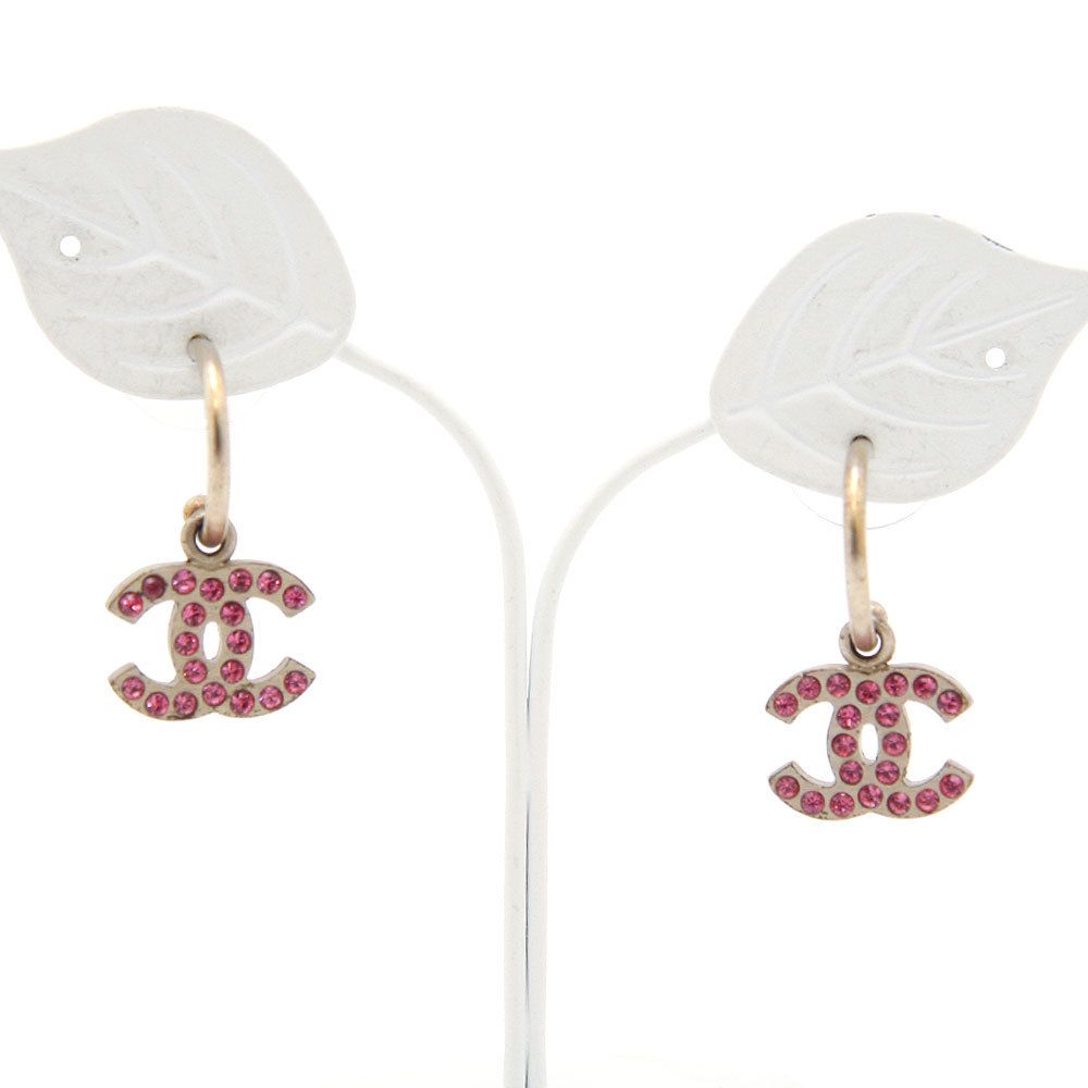 中古良品 シャネル CHANEL ピアス 06P ココマーク ピンク ラインストーン シルバー シャンパンゴールド CHANEL アクセサリー coco フープ風